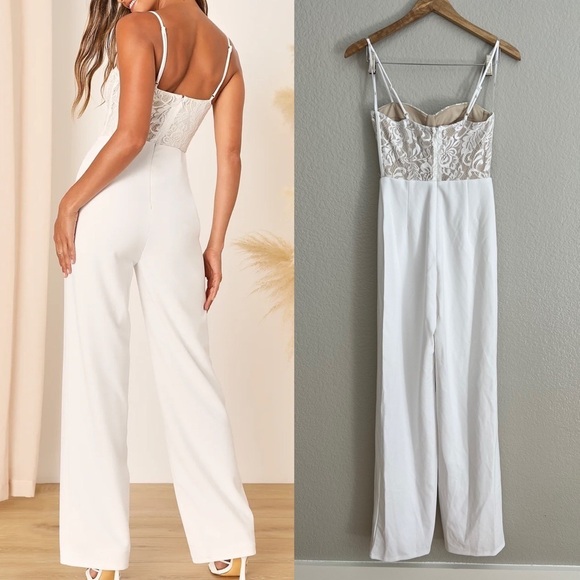Eloquently Enticing White and Beige Lace Bustier Jumpsuit - Picture 3 of 10